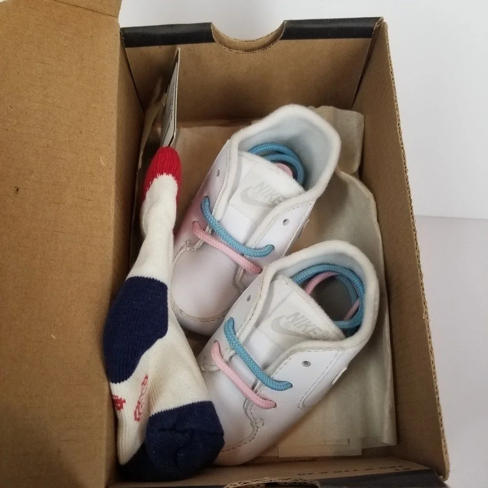 Nike Baby Crib Shoes White Leather Pink Blue Laces Infant Toddler‎ Vintage 90s